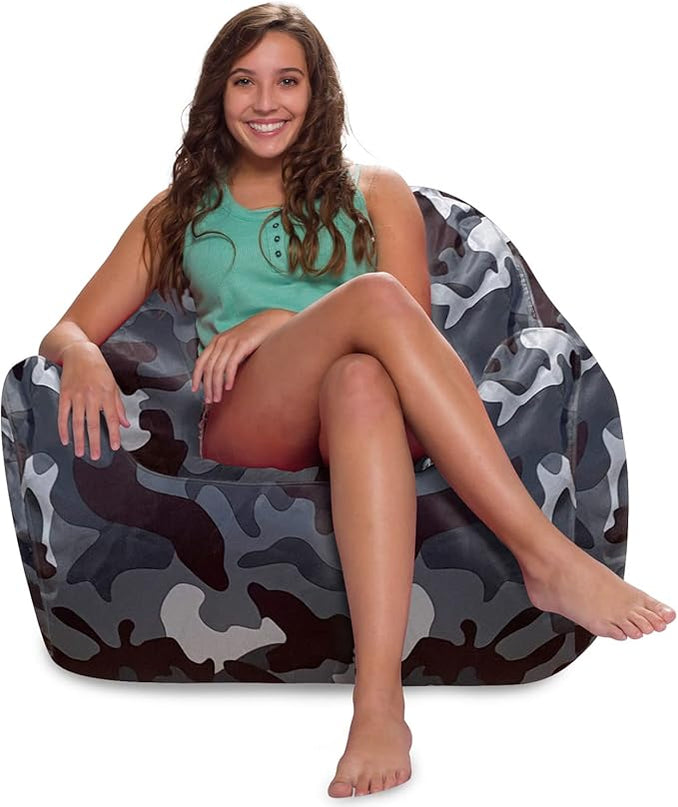 Posh Creations Structured Comfy Bean Bag Chair for Gaming, Reading and Watching TV, Malibu Lounge, Nylon - Camo Dark and Black Gray - LeafyLoom