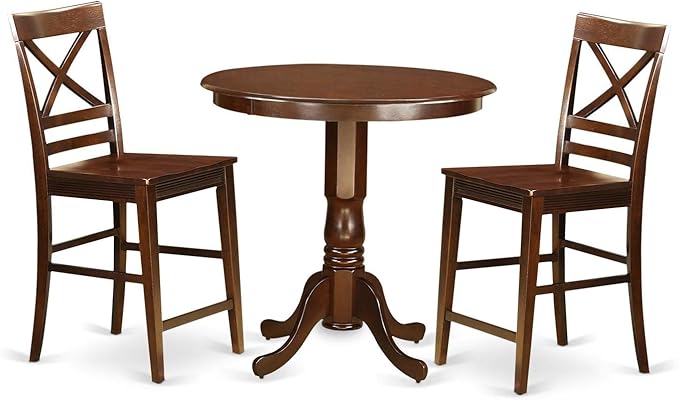 East West Furniture JAQU3-MAH-W 3 Piece Counter Height Pub Set for Small Spaces Contains a Round Dining Room Table with Pedestal and 2 Kitchen Chairs, 36x36 Inch, Mahogany - LeafyLoom
