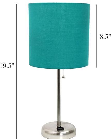 Simple Designs LT1144-TEL Sleek and Slender Brushed Steel Table Lamp with Charging Outlet, for Bedroom, Living Room, Entryway, Office, Dining Room, Study, Teal Shade - LeafyLoom