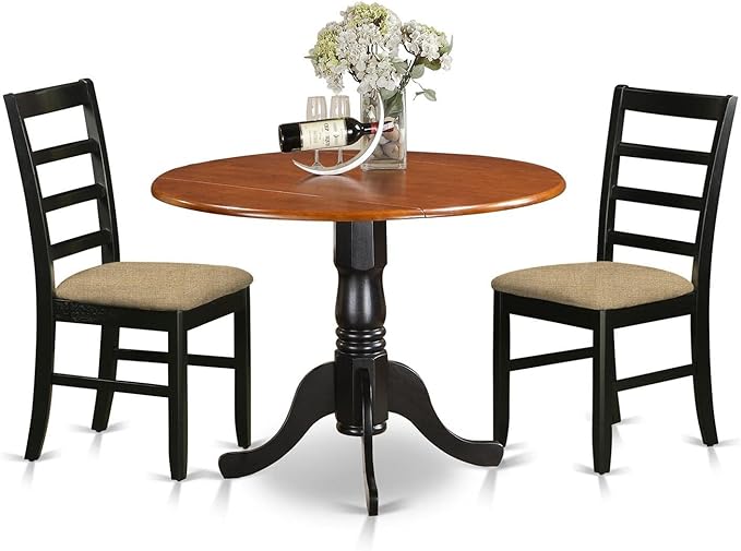 East West Furniture DLPF3-BCH-C Dublin 3 Piece Set Contains a Round Dining Room Table with Dropleaf and 2 Linen Fabric Upholstered Kitchen Chairs, 42x42 Inch, Black & Cherry - LeafyLoom