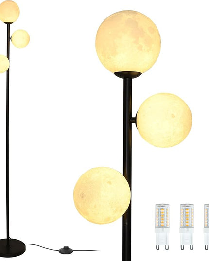 3 Globe Floor Lamps for Living Room, Black Standing Lamp with LED G9 Bulbs, Modern Floor Lamp with 3D Moon Printing Frosted Shades, 67" Corner Tall Lamp for Bedroom, Stand Up Lamp for Office Kids Room - LeafyLoom