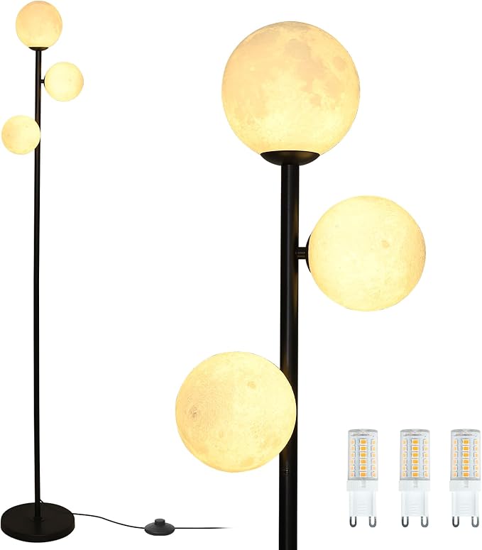 3 Globe Floor Lamps for Living Room, Black Standing Lamp with LED G9 Bulbs, Modern Floor Lamp with 3D Moon Printing Frosted Shades, 67" Corner Tall Lamp for Bedroom, Stand Up Lamp for Office Kids Room - LeafyLoom