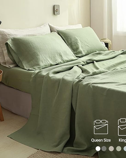Simple&Opulence 100% Linen Sheet Set Solid Color-4 Pcs Washed French Linen Bed Sheets(1 Flat Sheet,1 Fitted Sheet,2 Pillowcases)-Breathable Bedding Set (Sage Green, Queen) - LeafyLoom