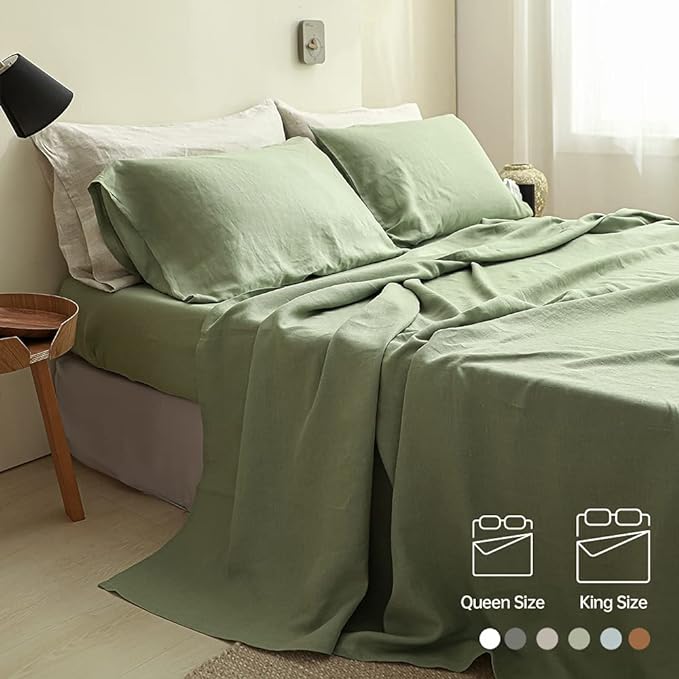 Simple&Opulence 100% Linen Sheet Set Solid Color-4 Pcs Washed French Linen Bed Sheets(1 Flat Sheet,1 Fitted Sheet,2 Pillowcases)-Breathable Bedding Set (Sage Green, Queen) - LeafyLoom