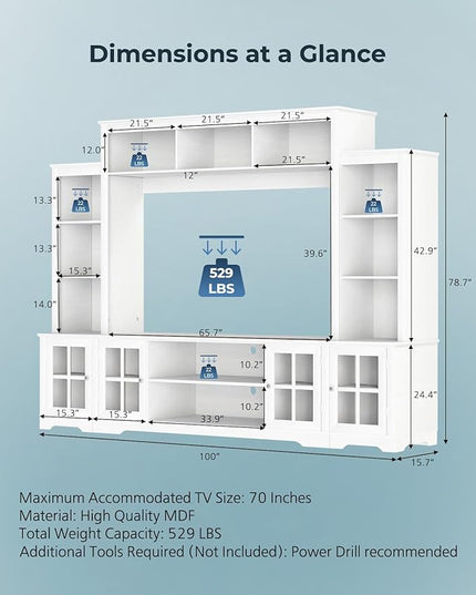 Large Wall Unit Entertainment Center with Storage, Modern TV Entertainment Center with Bookshelves and Bridge Cabinet, Living Room Tall Bookshelf with Storage, 65.7" Wide for TV Placement, White - LeafyLoom