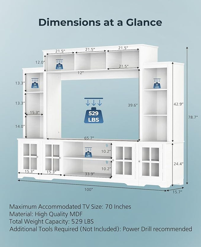 Large Wall Unit Entertainment Center with Storage, Modern TV Entertainment Center with Bookshelves and Bridge Cabinet, Living Room Tall Bookshelf with Storage, 65.7" Wide for TV Placement, White - LeafyLoom