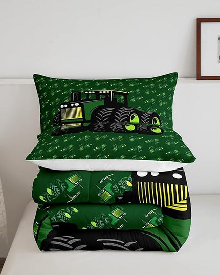 Erosebridal Boys Tractor Comforter Set Twin Size, Green Equipment Trucks Bedding Set, Construction Excavator Down Comforter, Cartoon Kids Car Room Decor Lightweight Soft Quilt Set, Farm Car Comforter - LeafyLoom
