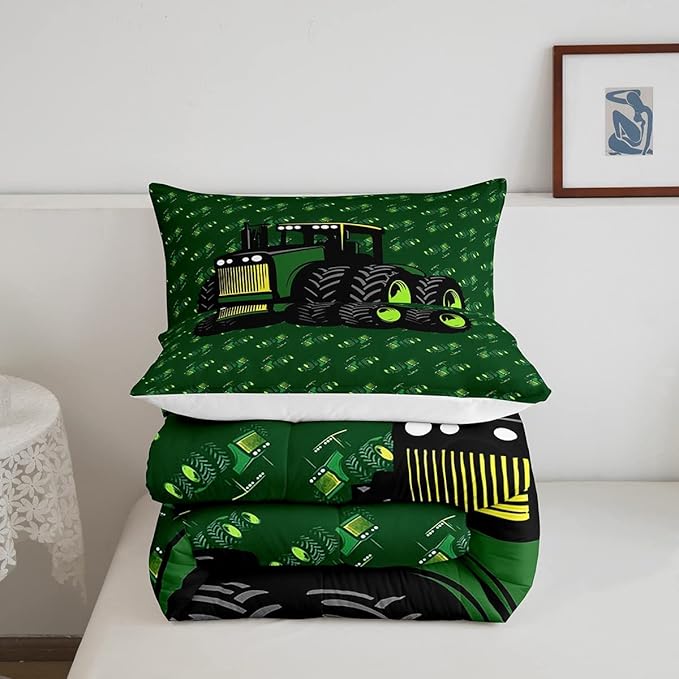 Erosebridal Boys Tractor Comforter Set Twin Size, Green Equipment Trucks Bedding Set, Construction Excavator Down Comforter, Cartoon Kids Car Room Decor Lightweight Soft Quilt Set, Farm Car Comforter - LeafyLoom