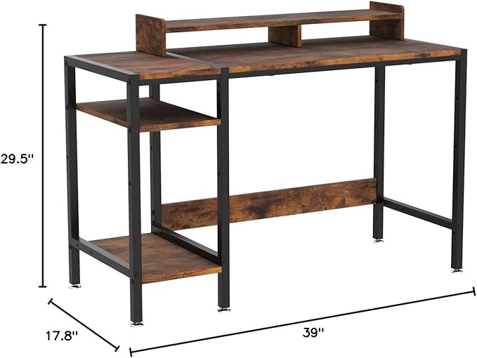 Computer Desk - 39” Gaming Desk, Home Office Desk with Storage, Small Desk with Monitor Stand, Rustic Writing Desk for 2 Monitors, Adjustable Storage Space, Modern Design Corner Table. - LeafyLoom