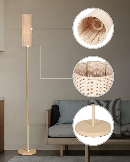 Boho Floor Lamp with Cylindrical Rattan Lampshade, Torchiere lamp for Bedroom, Living Room, Corner Tall Floor Lamp with Dimmable Switch - LeafyLoom