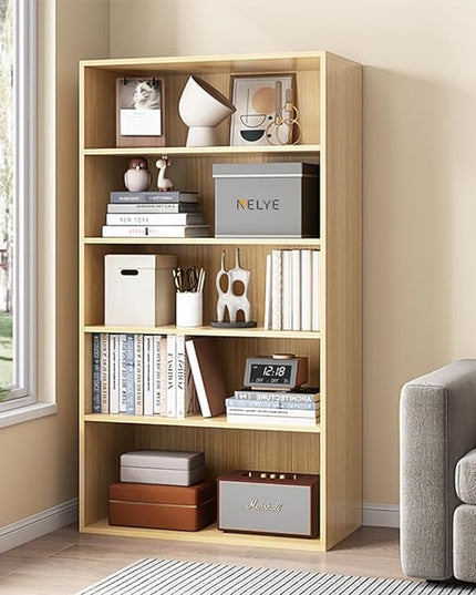 Basic Open Shelf Bookcase - 5-Tier Wooden Cube Storage Shelves Split Bookshelf, Oak - LeafyLoom