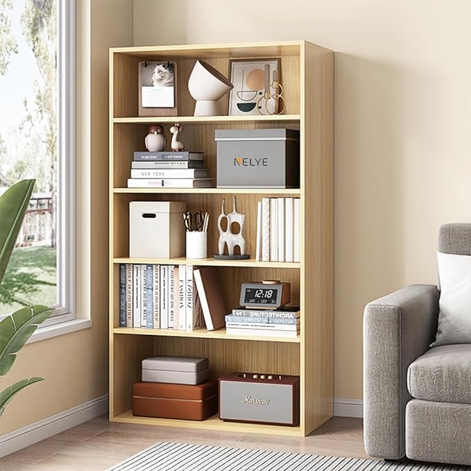 Basic Open Shelf Bookcase - 5-Tier Wooden Cube Storage Shelves Split Bookshelf, Oak - LeafyLoom