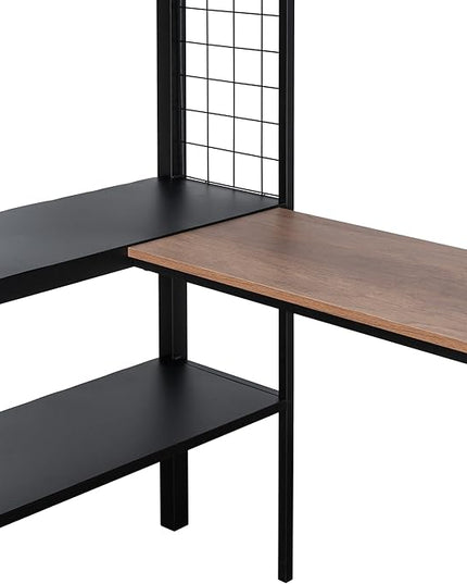 Metal Full Size Loft Bed with Desk & Shelves,Sturdy-Metal Bed-Frame,Noise-free Wood Slats,Comfortable Textilene Guardrail,Built-in Desk, 2-tier-Shelves & Grid Panel,2 Side Ladders,Black - LeafyLoom