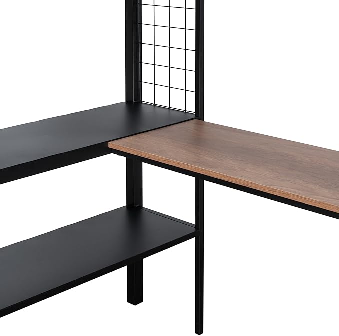 Metal Full Size Loft Bed with Desk & Shelves,Sturdy-Metal Bed-Frame,Noise-free Wood Slats,Comfortable Textilene Guardrail,Built-in Desk, 2-tier-Shelves & Grid Panel,2 Side Ladders,Black - LeafyLoom