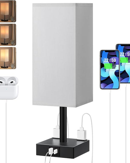Touch Bedside Table Lamp For Nightstand - 3-Way Dimmable Night Lamp with USB A + Type C Charging Ports and two AC Outlets, Small Desk Light with E26 LED Bulb for Bedroom Living Room Office, Grey Black - LeafyLoom