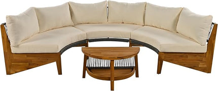 Merax Outdoor Sectional Patio Furniture Sets, Half Moon All Weather Wicker Seating Group, with Cushions and Round Coffee Table, Beige - LeafyLoom