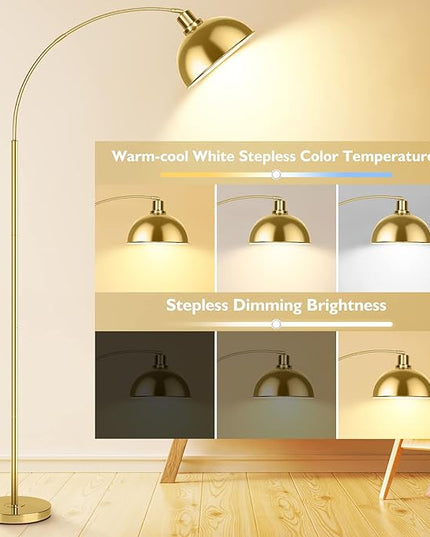 Arc Floor Lamps for Living Room, Modern Tall Standing Lamp Remote Control,Stepless Dimmable Gold Floor Lamp with Hanging Dome Shade, Over Couch Arched Reading Lamp for Bedroom, Office (Bulb Included) - LeafyLoom