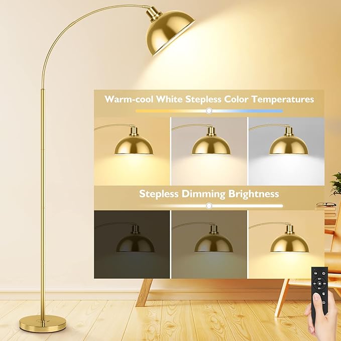 Arc Floor Lamps for Living Room, Modern Tall Standing Lamp Remote Control,Stepless Dimmable Gold Floor Lamp with Hanging Dome Shade, Over Couch Arched Reading Lamp for Bedroom, Office (Bulb Included) - LeafyLoom
