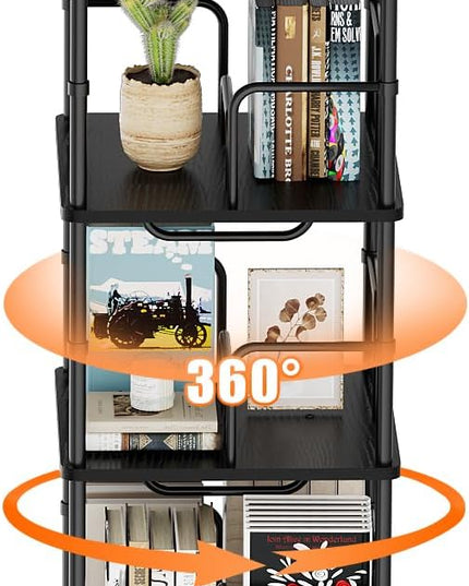 5 Tier Square Rotating Bookshelf, 360 ° Display Stackable Spinning Bookshelf Tower, Space Saving Tall Floor Standing Swivel Bookcase Corner Storage Organizer for Bedroom, Living Room, Black - LeafyLoom
