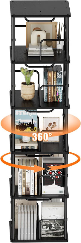 5 Tier Square Rotating Bookshelf, 360 ° Display Stackable Spinning Bookshelf Tower, Space Saving Tall Floor Standing Swivel Bookcase Corner Storage Organizer for Bedroom, Living Room, Black - LeafyLoom