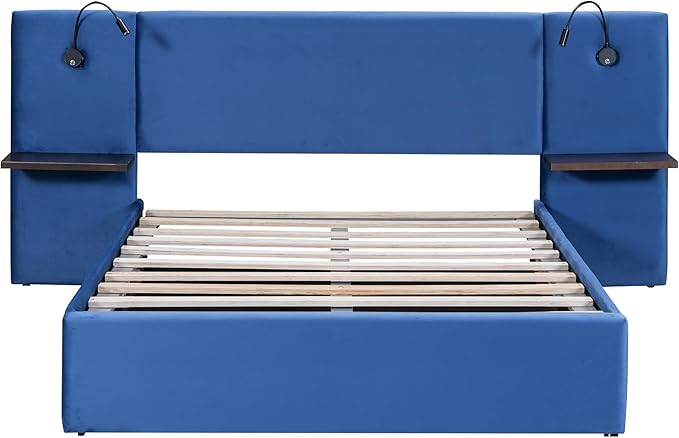 Full Size Storage Upholstered Hydraulic Platform 2 Shelves and Two Lights,Modern Velvet Fabric Bed Frame,W/USB Ports,No Box Spring Required,for Bedroom, Apartment,Blue - LeafyLoom