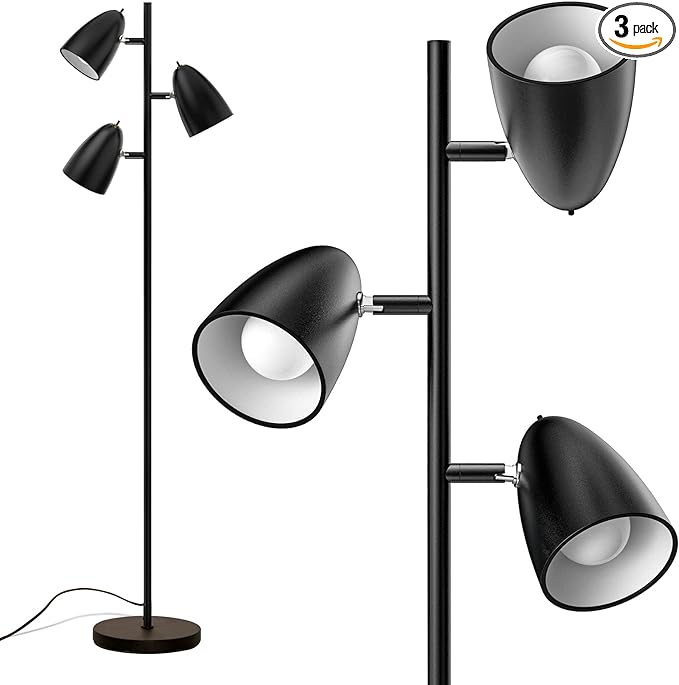 addlon Tree Floor Lamp with 3 Adjustable Rotating Lights and Matching LED Bulbs, Standing Tall Pole Lamps for Living Room, Bedroom, Home, Office - Black - LeafyLoom