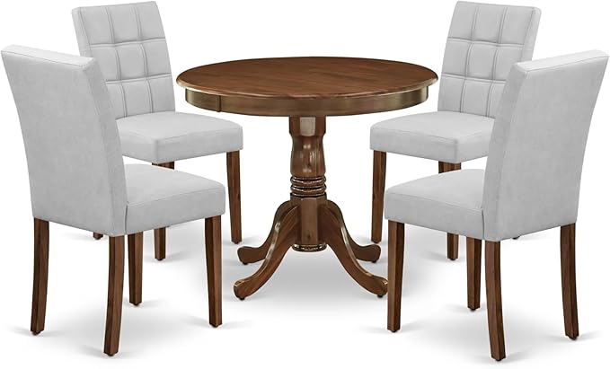 East West Furniture ANAS5-AWA-27 5 Piece Mid Century Dining Set Includes A Dinner Table and 4 Light Gray Faux Leather Parsons Chairs, Antique Walnut, 36x36 Inch - LeafyLoom