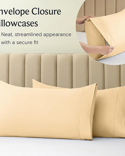 LuxClub 7 PC Split King Sheet Set, Breathable Luxury Bed Sheets, Deep Pockets 18" Eco Friendly Wrinkle Free Cooling Sheets Machine Washable Hotel Bedding Silky Soft - Yellow Split King - LeafyLoom