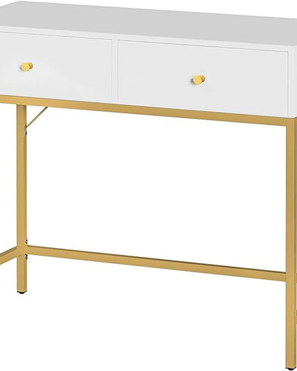 SUPERJARE 35.4" White and Gold Desk with 2 Drawers, Modern Makeup Vanity Desk, Small Computer Desk Home Office Desk for Writing Study Bedroom - LeafyLoom