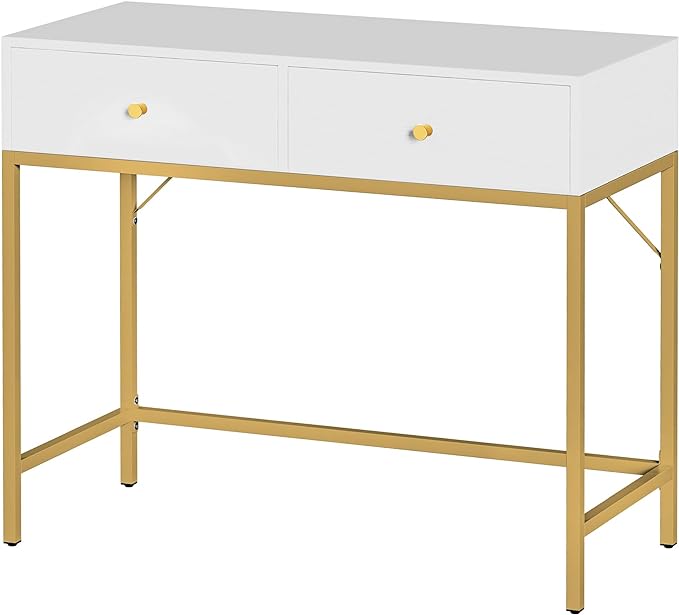 SUPERJARE 35.4" White and Gold Desk with 2 Drawers, Modern Makeup Vanity Desk, Small Computer Desk Home Office Desk for Writing Study Bedroom - LeafyLoom