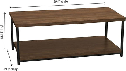 Household Essentials Jamestown Rectangular Coffee Table with Storage Shelf Mid Century Walnut Wood Grain and Black Metal - LeafyLoom