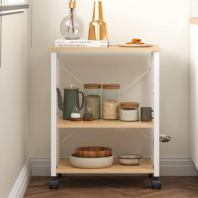 sogesfurniture 3-Tier Kitchen Baker's Rack Utility Shelf Microwave Oven Stand Storage Cart Workstation Shelf 3-Tier Kitchen Utility Cart on Wheels with Storage, Maple - LeafyLoom