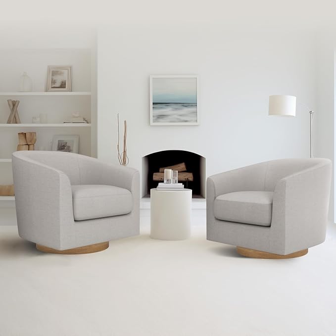 MUUEGM Accent Chair with Arms, 360 Degree Swivel Accent Chair with Wood Base, Modern Barrel Chair for Living Room, Bedroom, Waiting Room, Fully Assembled,Performance Fabric in Light Grey - LeafyLoom
