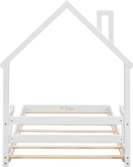 Bellemave Twin Size House-Shaped Headboard Floor Bed for Kids,Montessori Floor Bed with Handrails and Slats,Wood House Bed Twin for Girls,Boys(Twin,White) - LeafyLoom