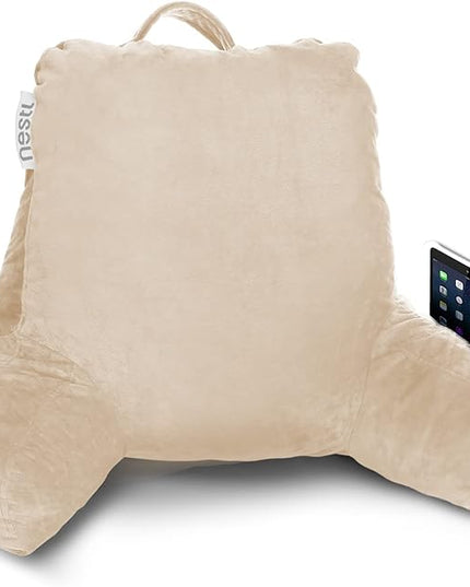 Nestl Reading Pillow with Portable Laptop Lap Desk, Velvet Feel Back Pillow for Sitting in Bed, Shredded Memory Foam Back Support Pillow for Bed, Bed Rest Pillow with Arms, Standard - Cream - LeafyLoom