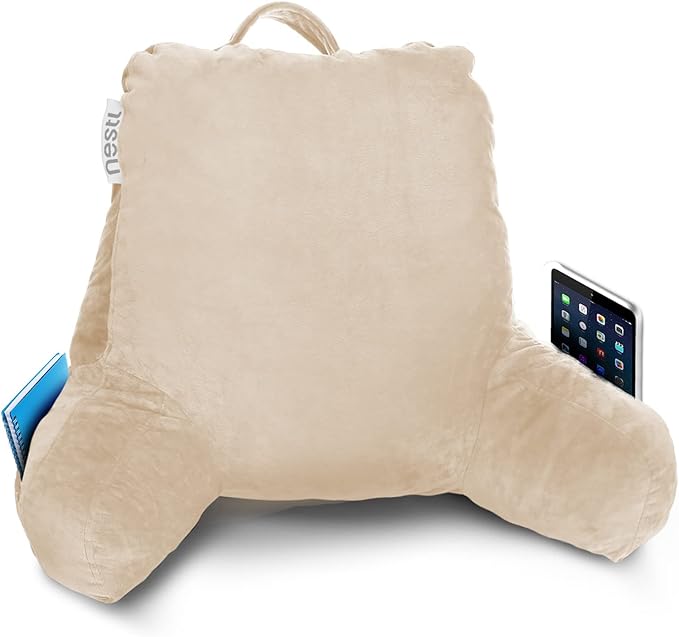 Nestl Reading Pillow with Portable Laptop Lap Desk, Velvet Feel Back Pillow for Sitting in Bed, Shredded Memory Foam Back Support Pillow for Bed, Bed Rest Pillow with Arms, Standard - Cream - LeafyLoom