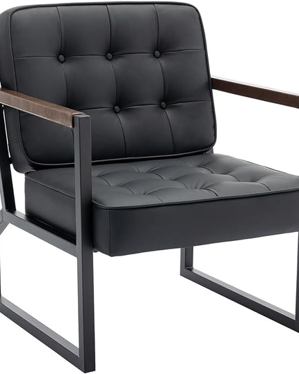 COLAMY Mid Century Modern Accent Chair Set of 2, Comfy Living Room Chair, Black Leather Accent Chair, Faux Leather Reception Armchair with Metal Legs for Living Room Bedroom Reception Office, Black - LeafyLoom