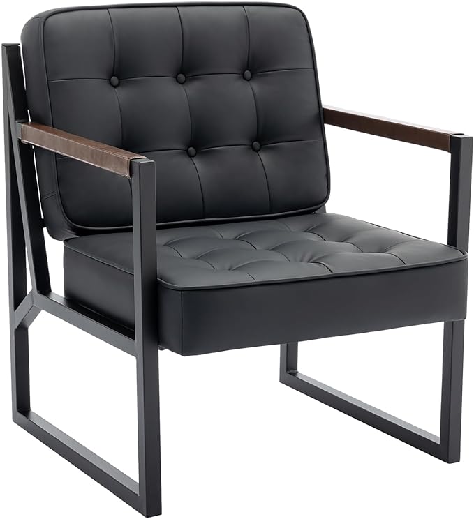 COLAMY Mid Century Modern Accent Chair Set of 2, Comfy Living Room Chair, Black Leather Accent Chair, Faux Leather Reception Armchair with Metal Legs for Living Room Bedroom Reception Office, Black - LeafyLoom