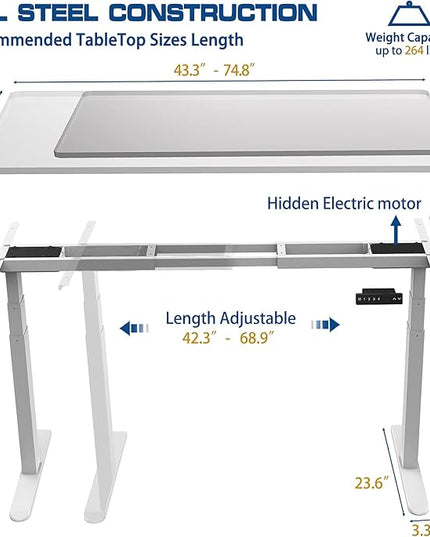 AIMEZO 71" W Standing Desk Frame, Dual Motor Electric Height Adjustable Sit Stand Desk Frame with 4 Memory Preset Button, USB Charging Port for Home Office (3 Tier Legs, White) - LeafyLoom