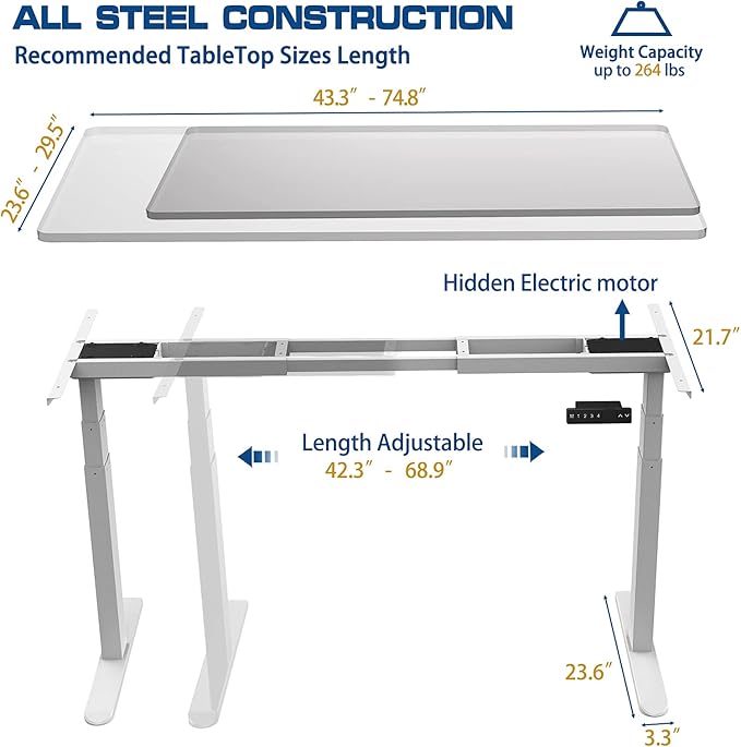 AIMEZO 71" W Standing Desk Frame, Dual Motor Electric Height Adjustable Sit Stand Desk Frame with 4 Memory Preset Button, USB Charging Port for Home Office (3 Tier Legs, White) - LeafyLoom