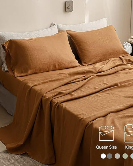 Simple&Opulence 100% Linen Sheet Set Solid Color-4 Pcs Washed French Linen Bed Sheets(1 Flat Sheet,1 Fitted Sheet,2 Pillowcases)-Breathable Bedding Set (Rust, King) - LeafyLoom
