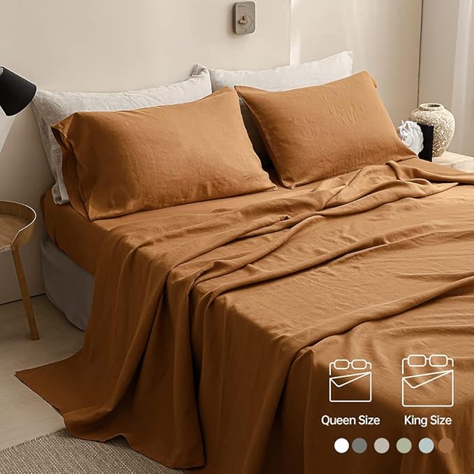 Simple&Opulence 100% Linen Sheet Set Solid Color-4 Pcs Washed French Linen Bed Sheets(1 Flat Sheet,1 Fitted Sheet,2 Pillowcases)-Breathable Bedding Set (Rust, King) - LeafyLoom