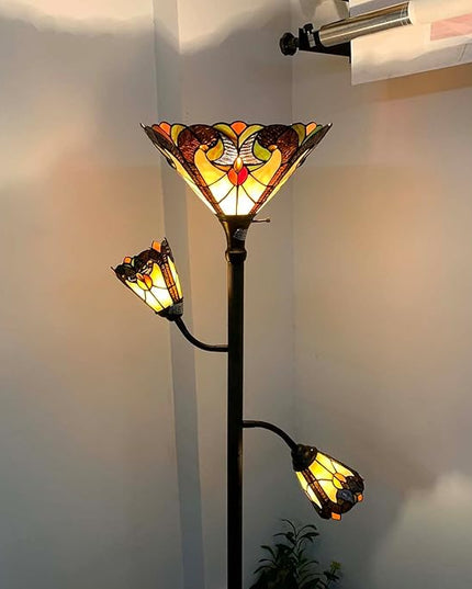 Bieye L10839 Baroque Tiffany Style Stained Glass Torchiere Floor Lamp with Sidelights for Reading, 70-inches Tall (Baroque, Brown) - LeafyLoom