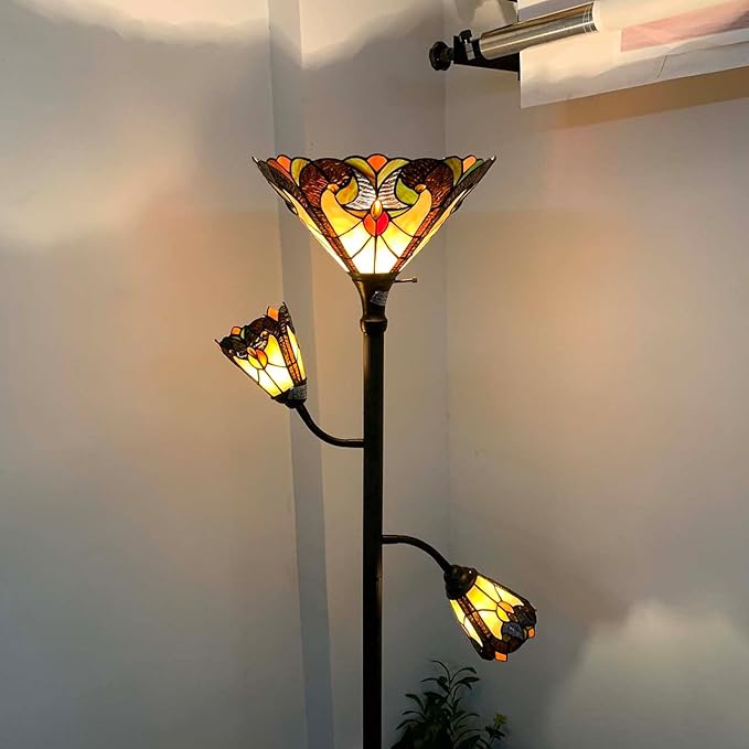 Bieye L10839 Baroque Tiffany Style Stained Glass Torchiere Floor Lamp with Sidelights for Reading, 70-inches Tall (Baroque, Brown) - LeafyLoom
