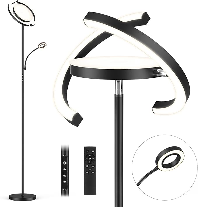 FIMEI 3 in 1 Floor Lamp, Modern Bright Standing Lamp with Split Rotatable Outer Ring Light and Small Reading Light, 4 Color Temperature and Dimmable, 3-Way Independent Control for Living Room Office - LeafyLoom