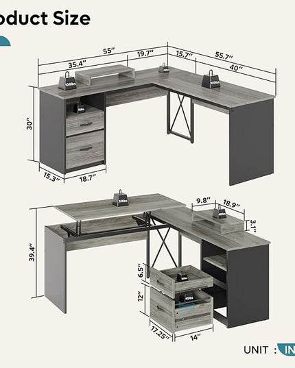 Bestier Lift Top L Shaped Desk with File Drawer, 55'' x 55'' Office Desk with Reversible Storage Drawers, L Shaped Standing Desk with Computer Monitor Stand (Grey Wash, 55'' x 55'') - LeafyLoom