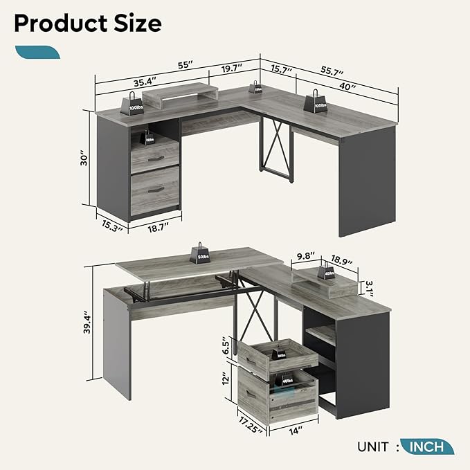 Bestier Lift Top L Shaped Desk with File Drawer, 55'' x 55'' Office Desk with Reversible Storage Drawers, L Shaped Standing Desk with Computer Monitor Stand (Grey Wash, 55'' x 55'') - LeafyLoom