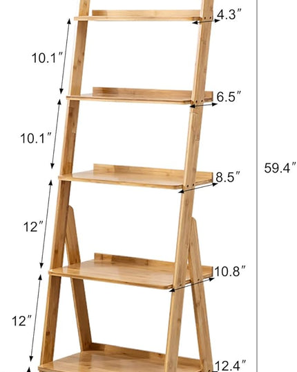 Bookshelf & 5-Tier Bamboo Ladder Shelf & 59.4” Book Shelf Bookcase Floor Freestanding Multipurpose Bamboo Storage Rack Furniture for Home Office, Living Room, Kitchen, Office（Natural） - LeafyLoom