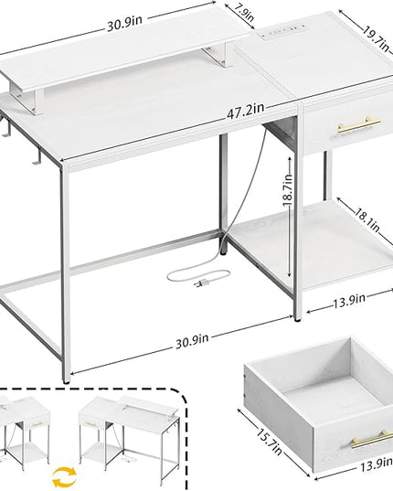 White Computer Desk with Drawer and Power Outlets, 47" Office Desk with Monitor Stand and Sheleves,Writing Study Gaming Desks with Led Light and Headphone Hook for Bedroom - LeafyLoom