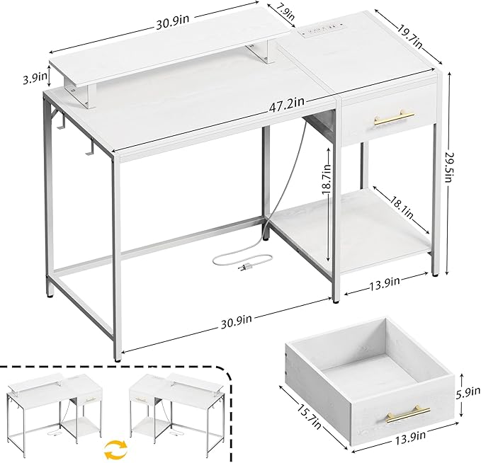 White Computer Desk with Drawer and Power Outlets, 47" Office Desk with Monitor Stand and Sheleves,Writing Study Gaming Desks with Led Light and Headphone Hook for Bedroom - LeafyLoom